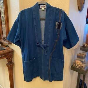 Vtg H.S.K. Creations Hisako Koga Patchwork Artsy Denim Kimono Blue Jacket-Small